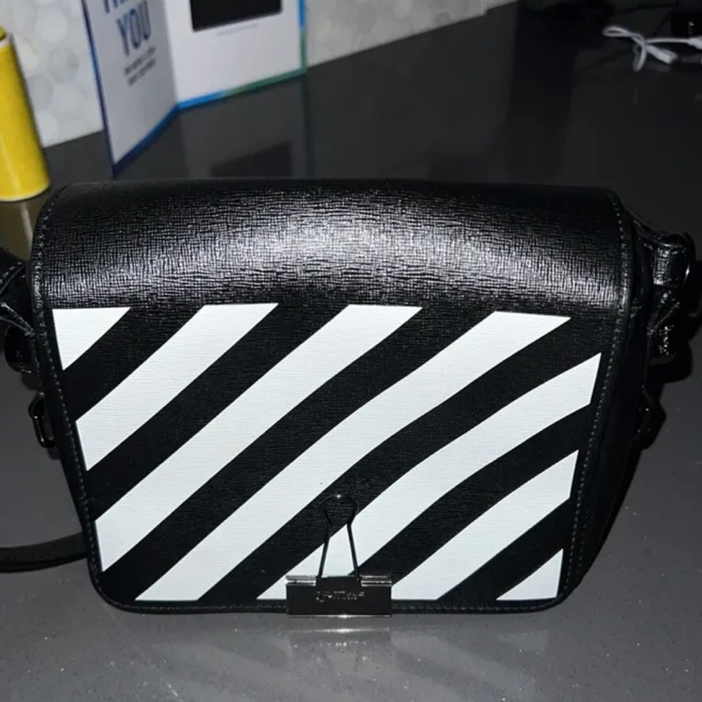Off White Binder Clip Flap Bag Striped Leather Small Black.